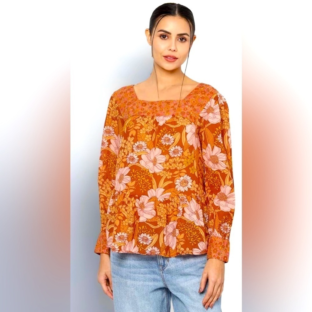 American Eagle Oversized Orange Retro Floral Babydoll Peasant Top Women M Boho